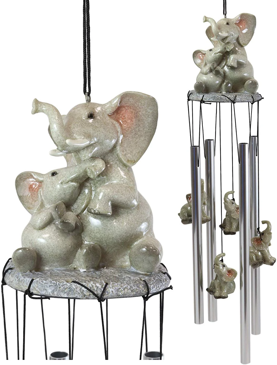 Safari Savanna Elephant Family Bonding Time Figurine Crown Top Wind Chime Decor - Image 2