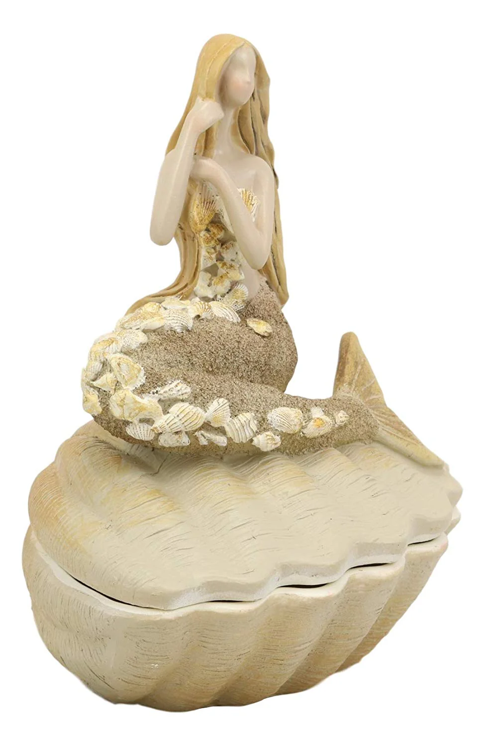 Ebros Gift Sand Brown Abstract Mermaid Sitting On Giant Sea Shell Jewelry Box Figurine with Sea Shell Ornaments 7" High - Image 2