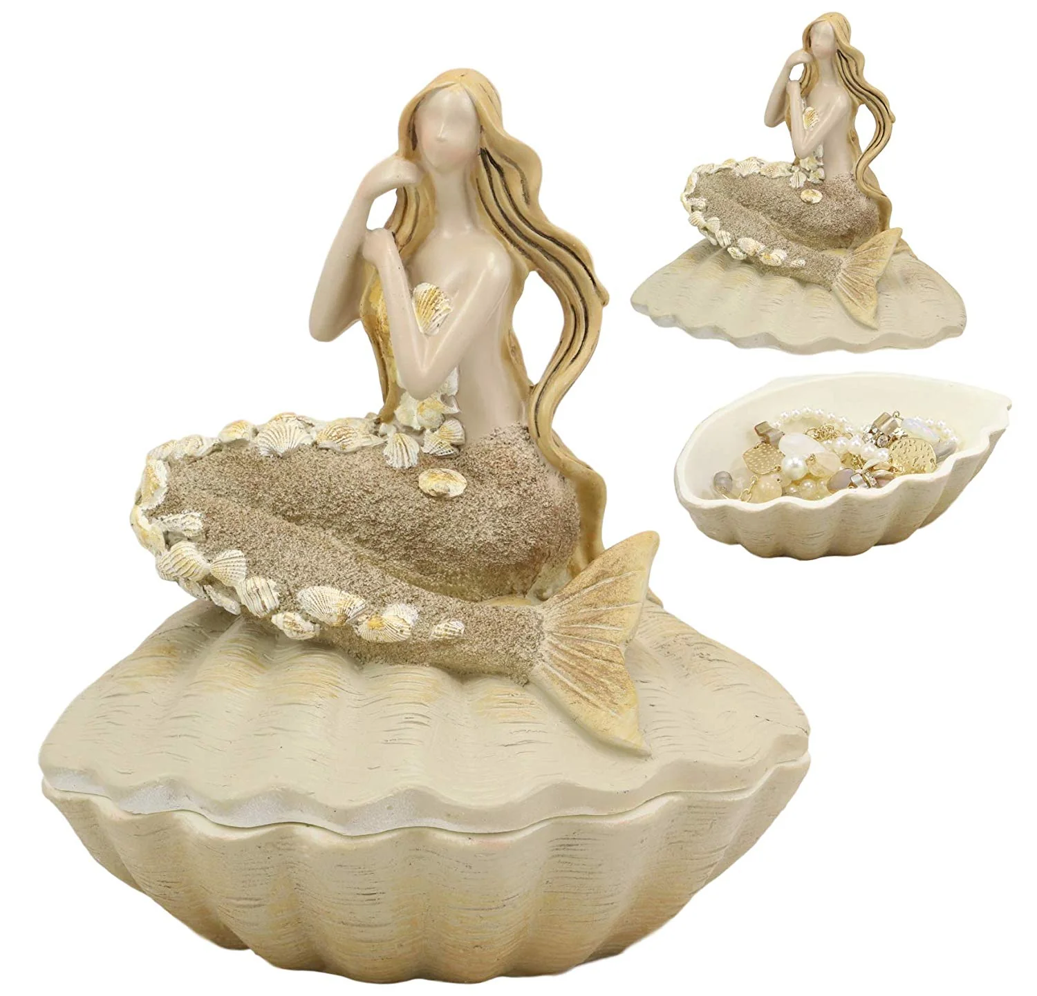 Ebros Gift Sand Brown Abstract Mermaid Sitting On Giant Sea Shell Jewelry Box Figurine with Sea Shell Ornaments 7" High - Image 3
