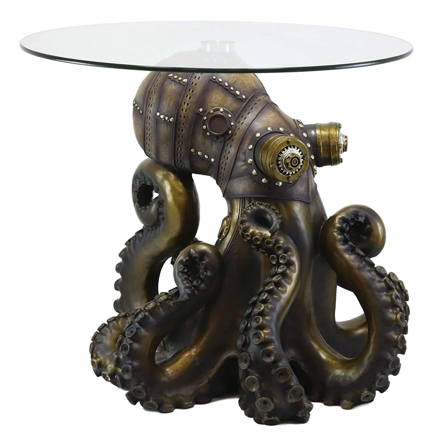 Ebros Gift Steampunk Octopus Navy Military Marauder Round Side Coffee Table with Glass Top Science Fiction Sci Fi Furniture Collectible Steampunks Fantasy Kraken Monster Statue - Image 2