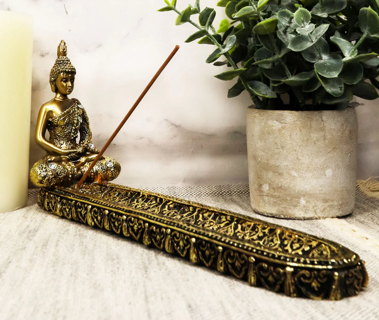 Golden Thai Buddha Amitabha Meditating in Dhyana Mudra Incense Holder Statue - Image 2