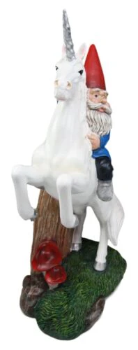 Ebros Toadstool Gnome Riding Unicorn Statue 14"Tall Alexander & Bucephalus Pose - Image 4