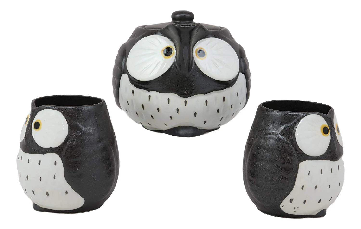 Ebros Whimsical Black Fat Spotted Owl Ceramic 16oz Tea Pot With 2 Cups Set Owls Decor - Image 7