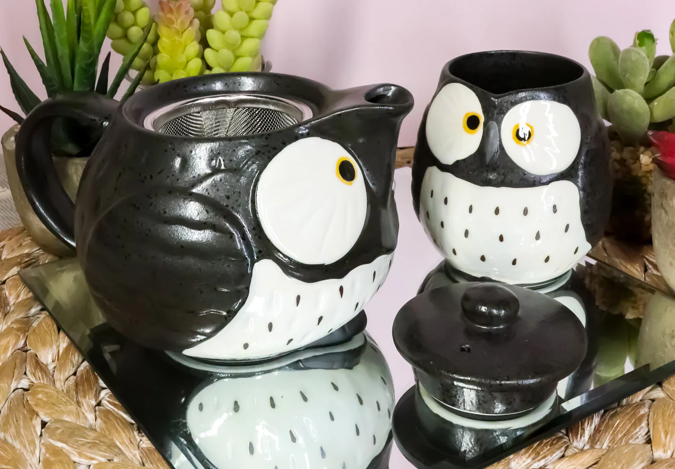 Ebros Whimsical Black Fat Spotted Owl Ceramic 16oz Tea Pot With 2 Cups Set Owls Decor - Image 9