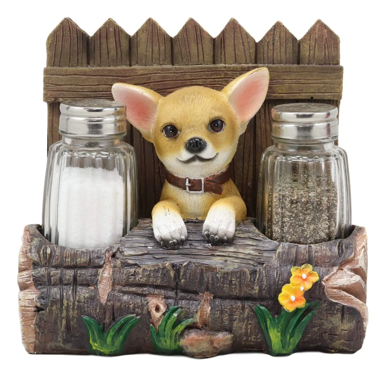 Ebros Taco Chihuahua Dog By Fences & Tree Log Dinner Napkin Salt Pepper Shakers Holder - Image 3