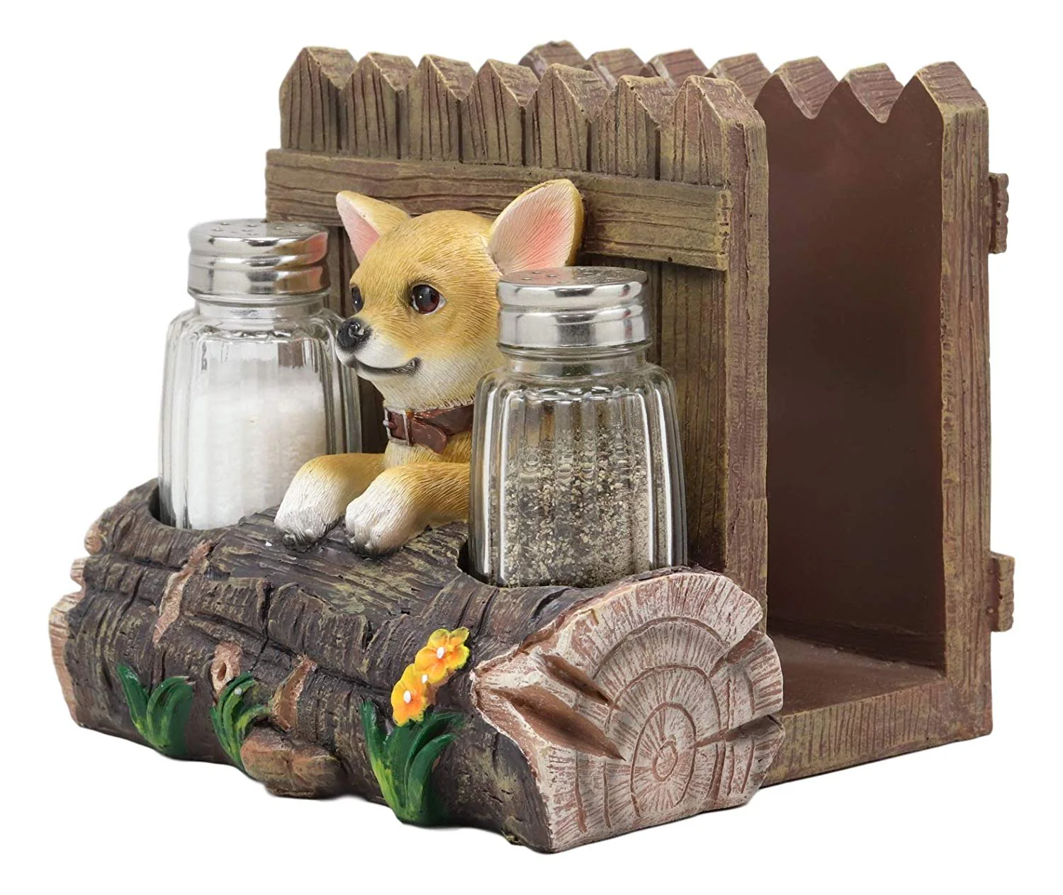 Ebros Taco Chihuahua Dog By Fences & Tree Log Dinner Napkin Salt Pepper Shakers Holder - Image 4