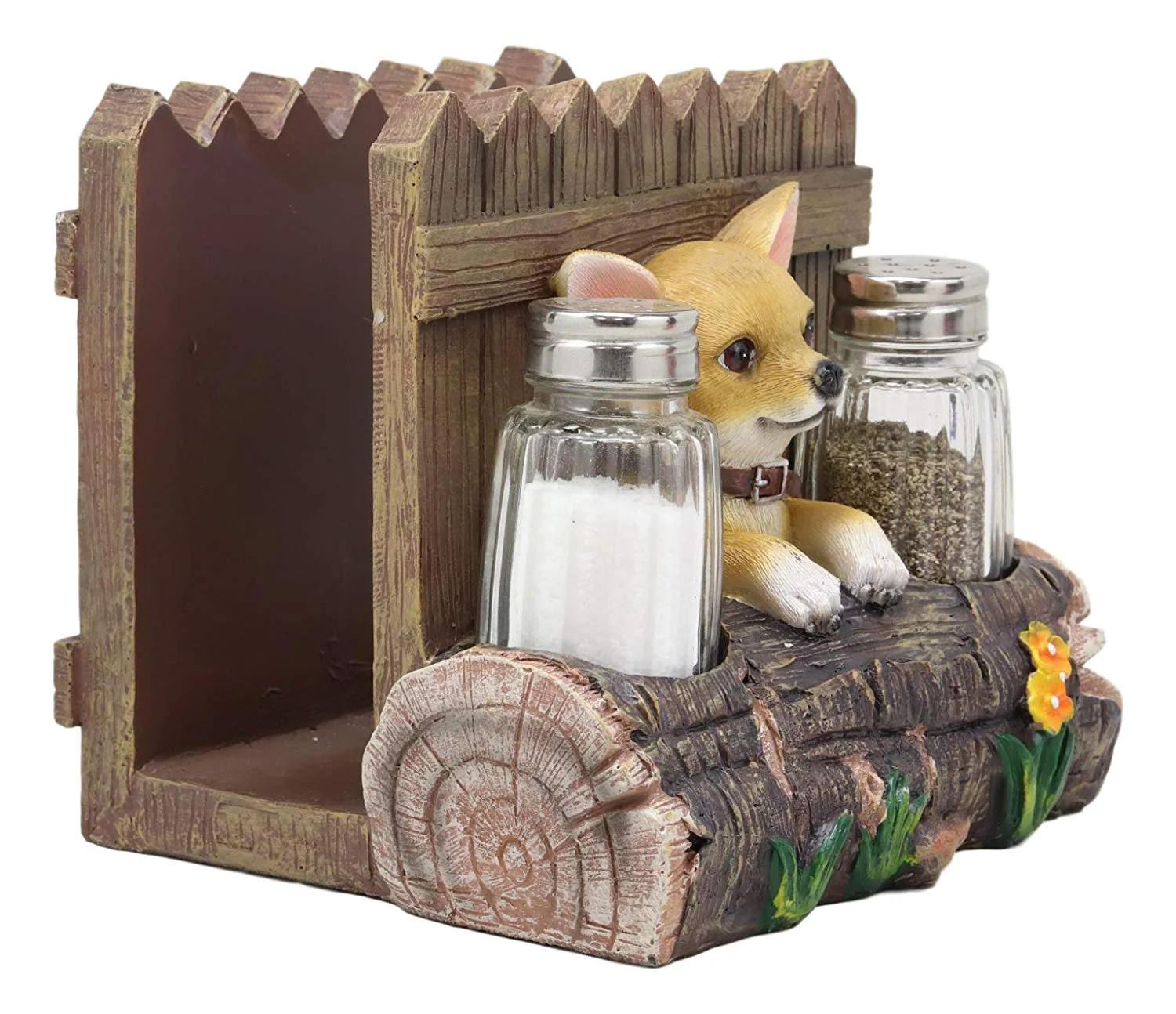 Ebros Taco Chihuahua Dog By Fences & Tree Log Dinner Napkin Salt Pepper Shakers Holder - Image 5
