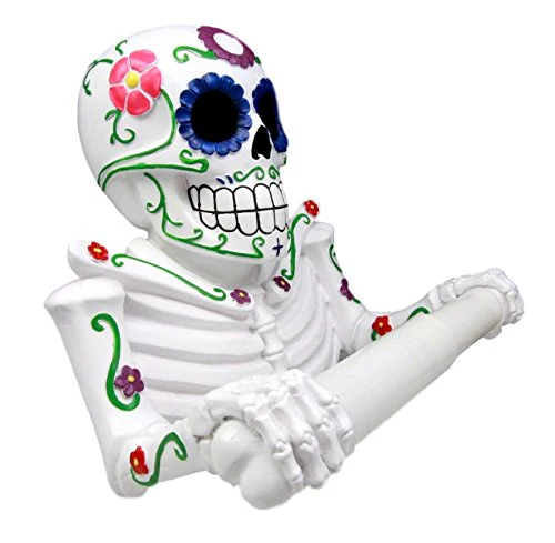 Ebros Gift White Day Of The Dead Sugar Skull Floral Skeleton Toilet Paper Holder Bathroom Wall Decoration Figurine - Image 3