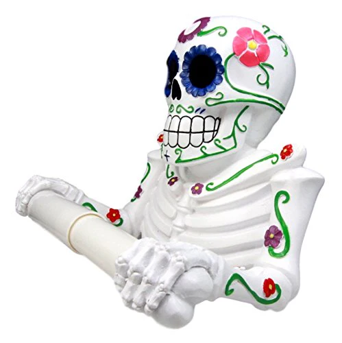 Ebros Gift White Day Of The Dead Sugar Skull Floral Skeleton Toilet Paper Holder Bathroom Wall Decoration Figurine - Image 4