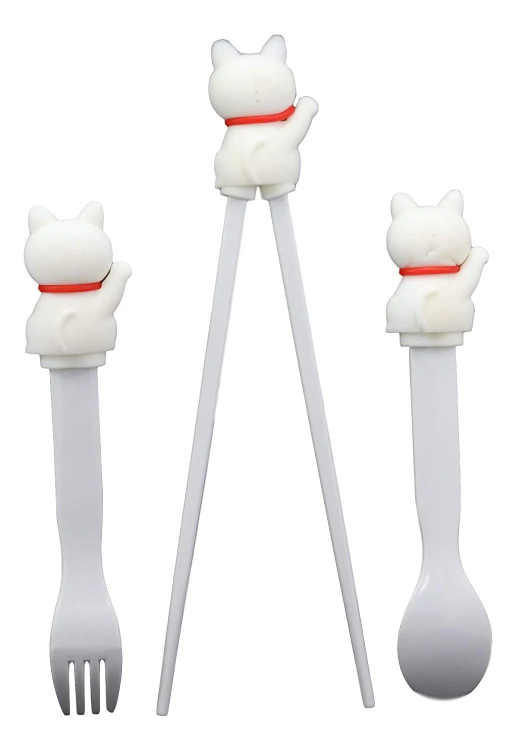 White Maneki Neko Cat Training Chopsticks With Silicone Guide Spoon And Fork Set - Image 2