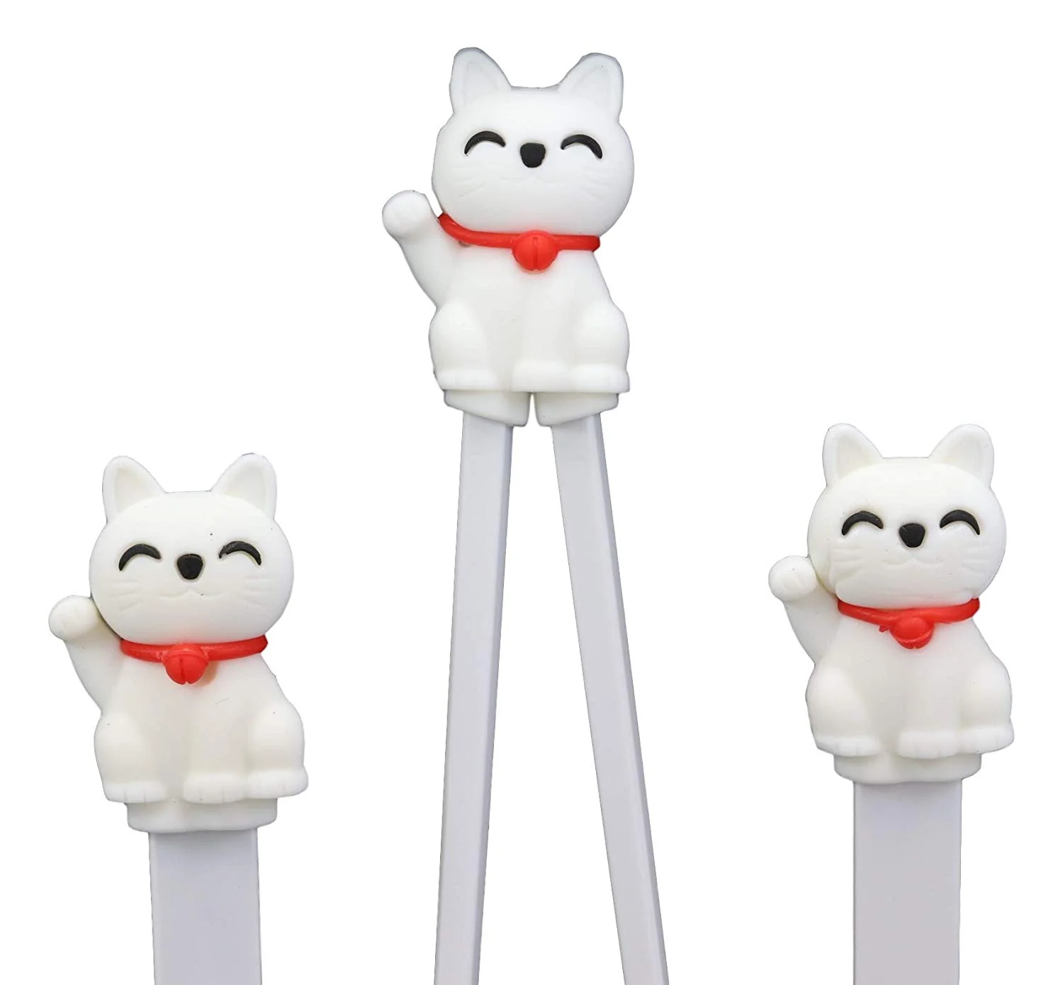 White Maneki Neko Cat Training Chopsticks With Silicone Guide Spoon And Fork Set - Image 3