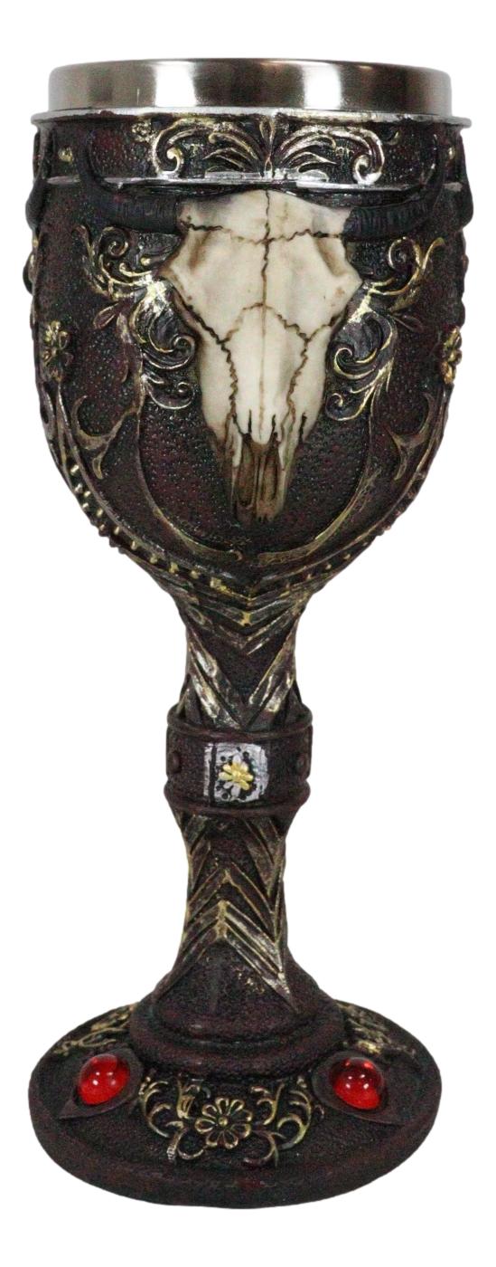 Ebros Horned Wild Bison Steer Tribal Skull Red Cyrstals Maroon Wine Chalice Goblet Cup - Image 4