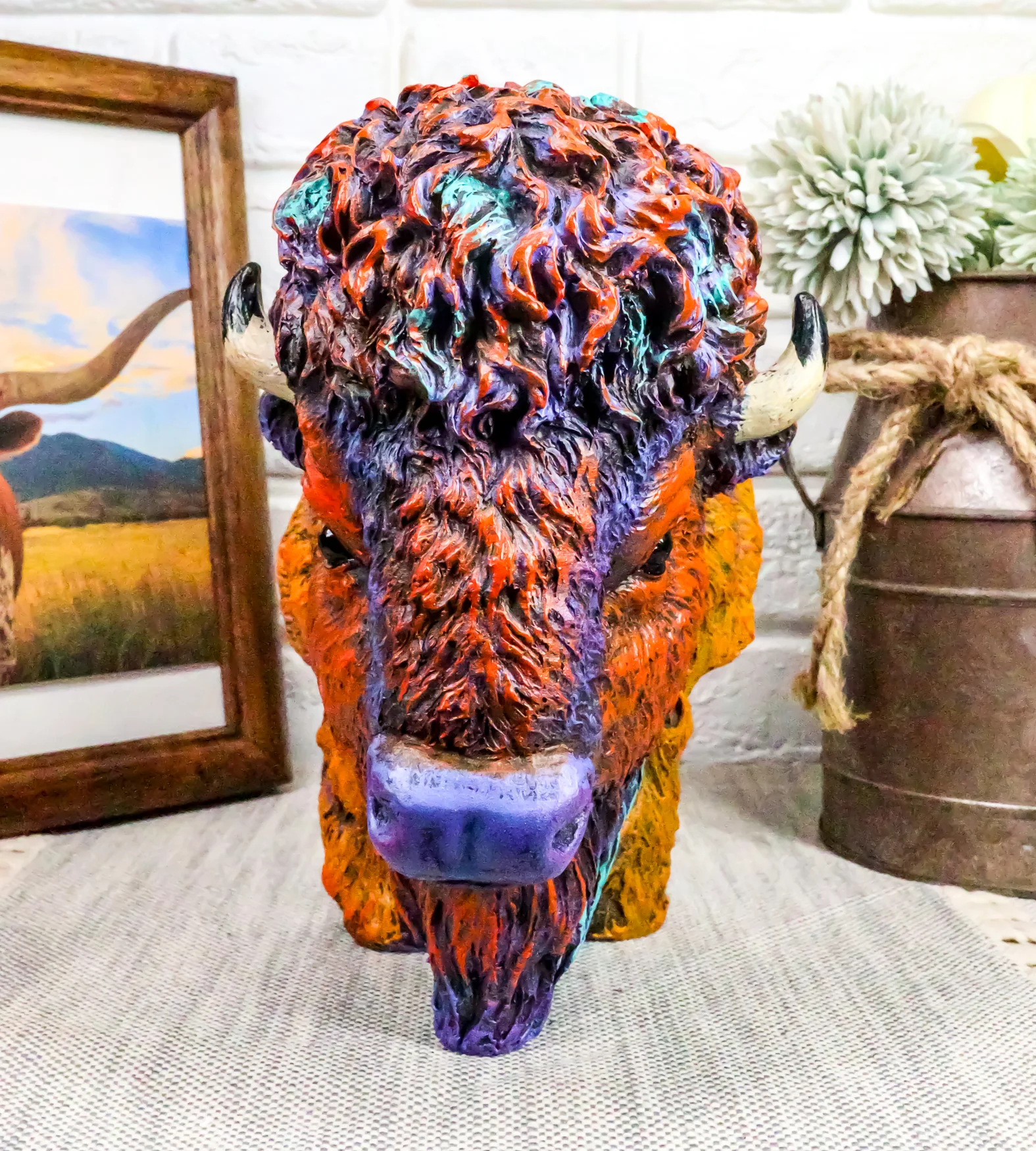 Ebros Gift Wild & Free Colorful American Bison Bust Figurine 7" H Multi Color - Image 5