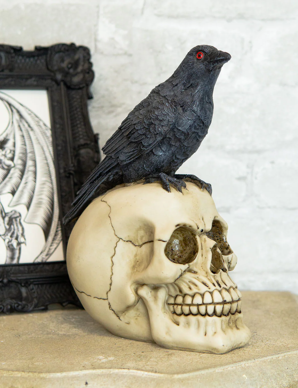 Quoth The Raven Nevermore Black Crow With Red Eyes On Macabre Skull Figurine - Image 10