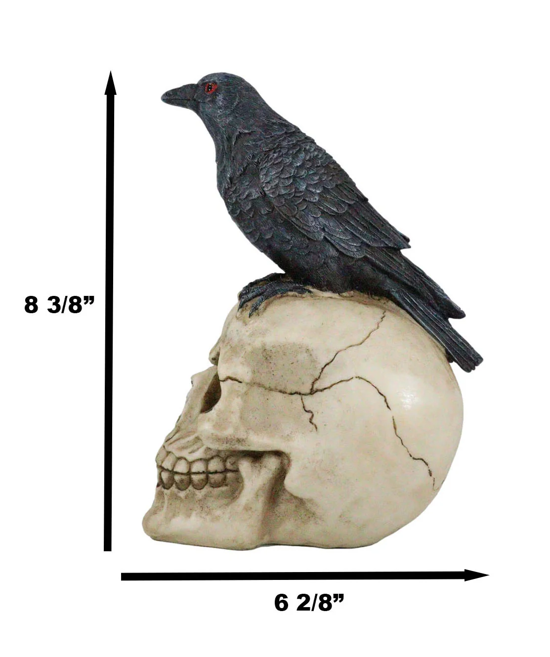 Quoth The Raven Nevermore Black Crow With Red Eyes On Macabre Skull Figurine - Image 2
