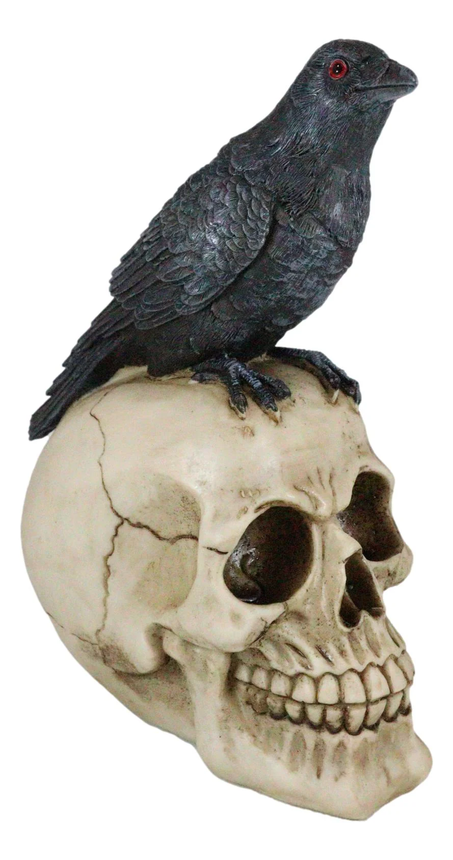 Quoth The Raven Nevermore Black Crow With Red Eyes On Macabre Skull Figurine - Image 3