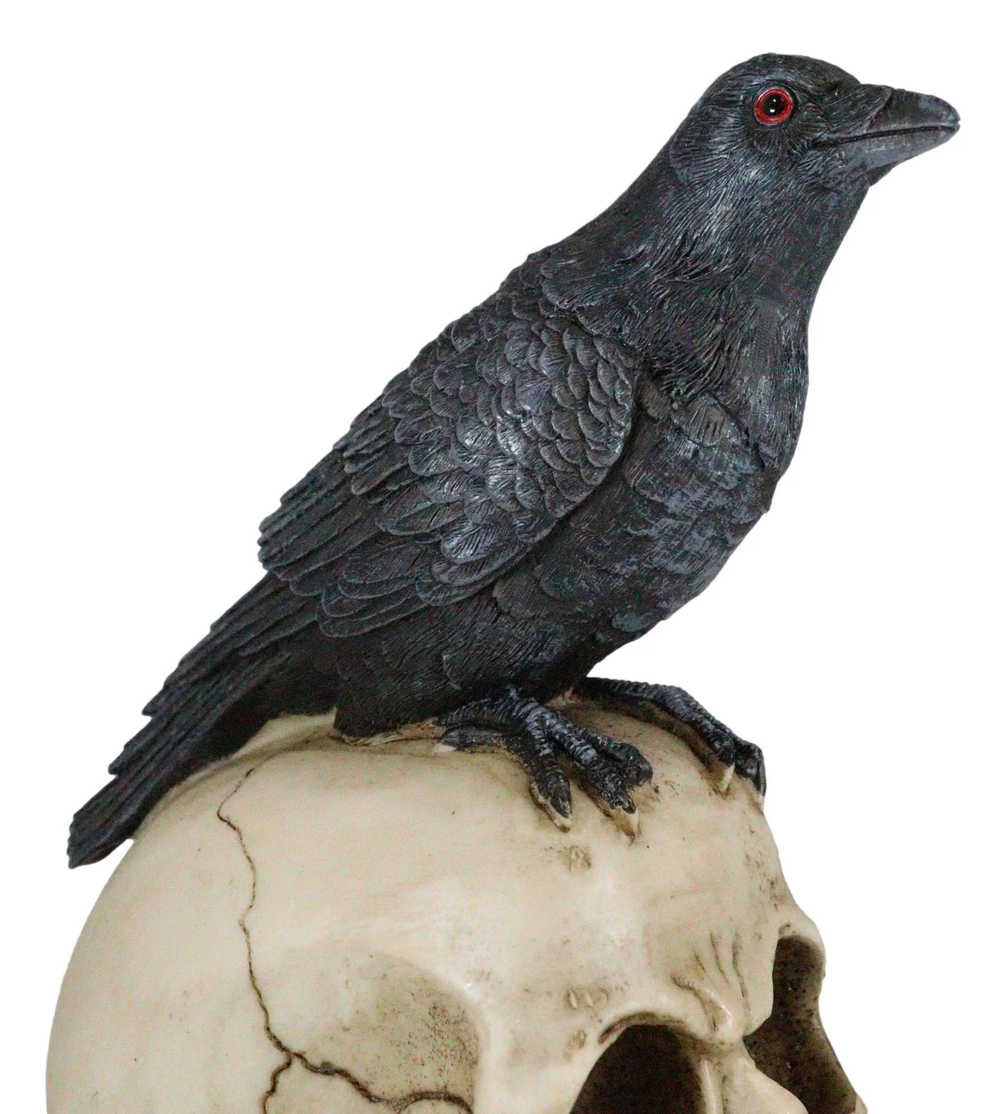 Quoth The Raven Nevermore Black Crow With Red Eyes On Macabre Skull Figurine - Image 4