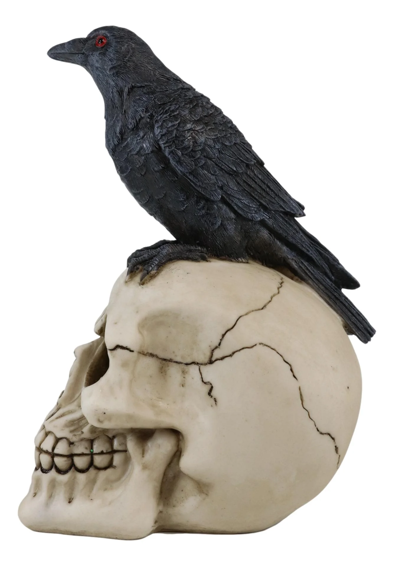 Quoth The Raven Nevermore Black Crow With Red Eyes On Macabre Skull Figurine - Image 5