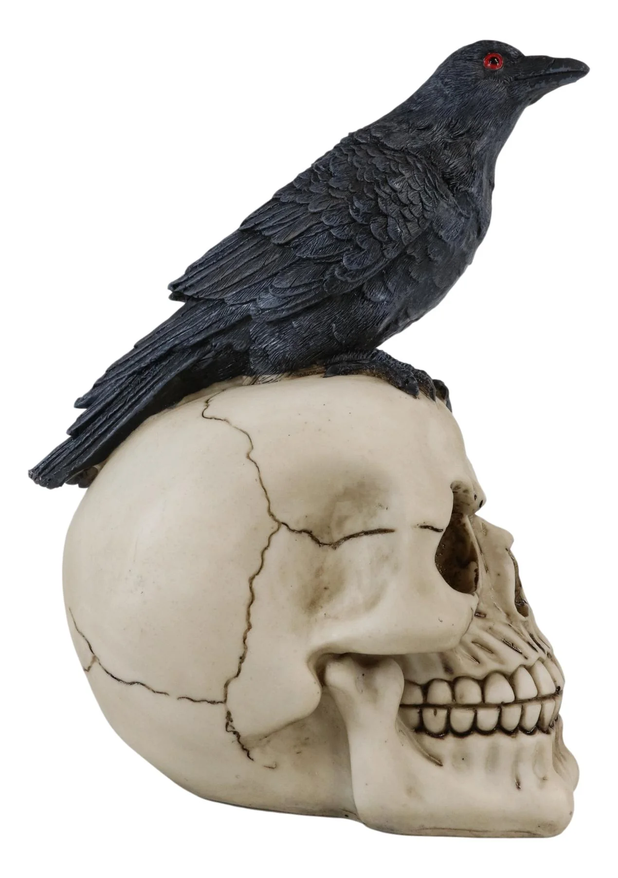 Quoth The Raven Nevermore Black Crow With Red Eyes On Macabre Skull Figurine - Image 6