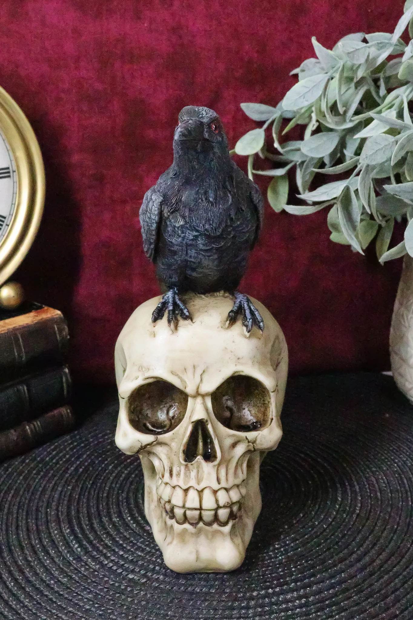 Quoth The Raven Nevermore Black Crow With Red Eyes On Macabre Skull Figurine - Image 8