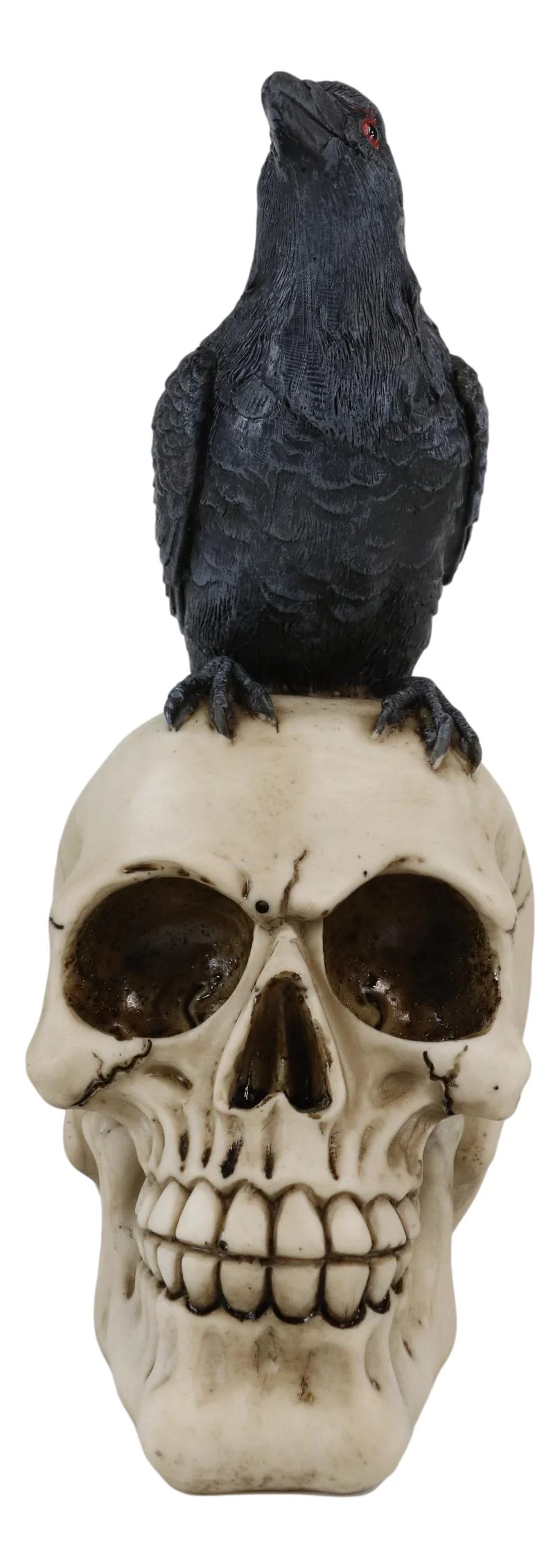 Quoth The Raven Nevermore Black Crow With Red Eyes On Macabre Skull Figurine - Image 9