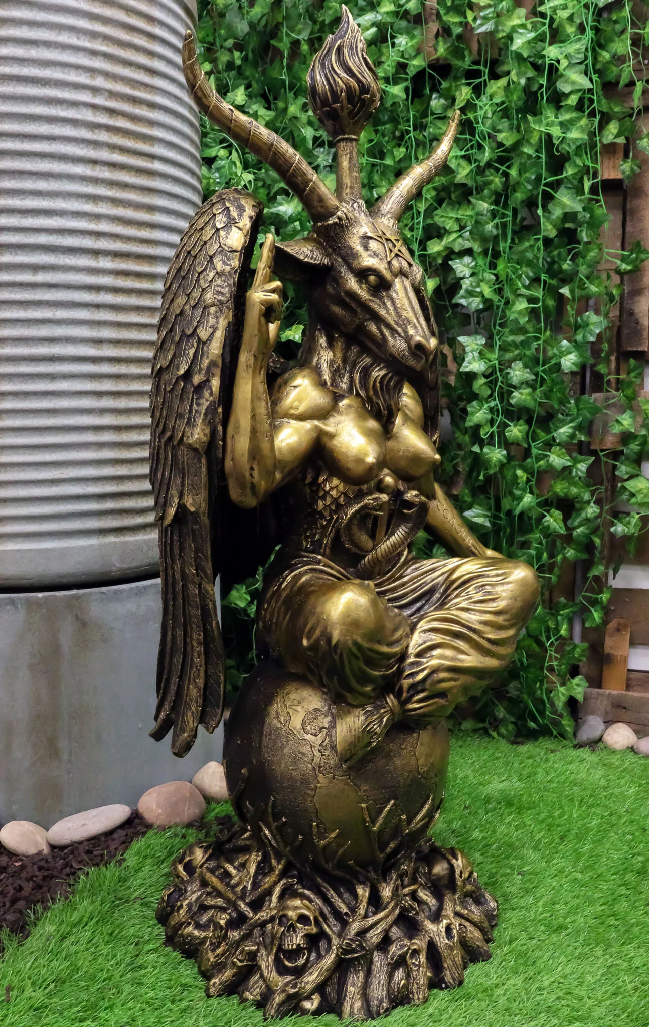 Large Gold Tone 3 Feet Oversized Sabbatic Goat Baphomet Statue - Image 9