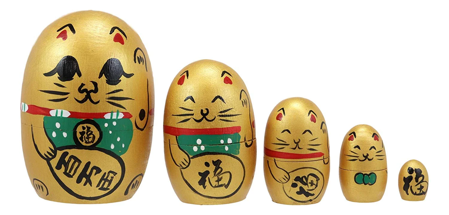 Ebros Golden Maneki Neko Wooden Toy Stacking Nesting Dolls 5 Piece Matryoshka - Image 2