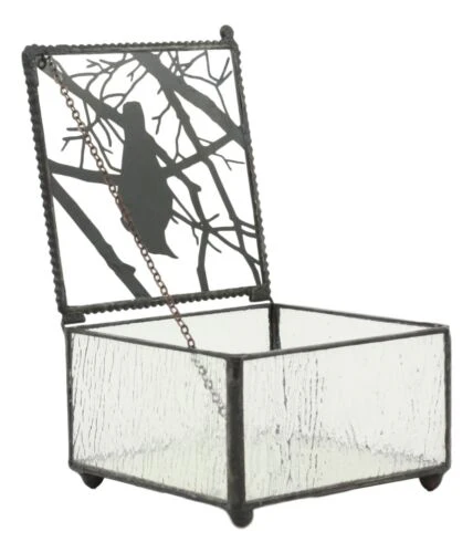 Gothic Silhouette Raven Glass Jewelry Box 4"W Haunted Crow On Tree Branch Box - Image 5