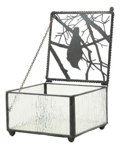 Gothic Silhouette Raven Glass Jewelry Box 4"W Haunted Crow On Tree Branch Box - Image 6