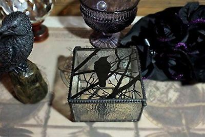 Gothic Silhouette Raven Glass Jewelry Box 4"W Haunted Crow On Tree Branch Box - Image 7