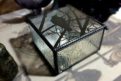 Gothic Silhouette Raven Glass Jewelry Box 4"W Haunted Crow On Tree Branch Box - Image 8