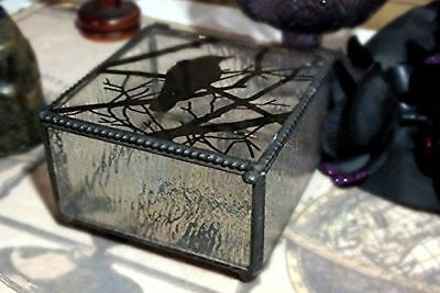 Gothic Silhouette Raven Glass Jewelry Box 4"W Haunted Crow On Tree Branch Box - Image 9