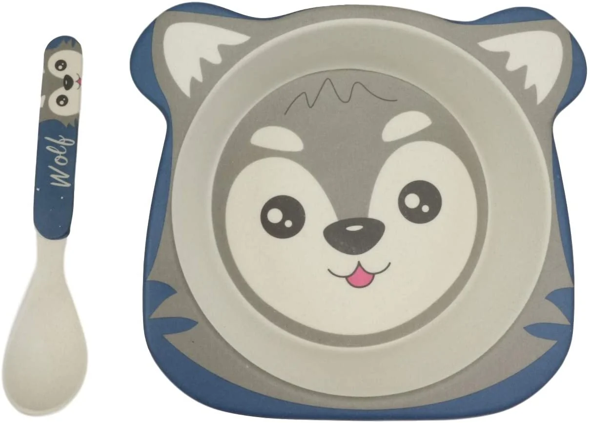 Ebros Gray Wolf 5 Piece Organic Bamboo Dinnerware Set For Kids Children Toddler - Image 2