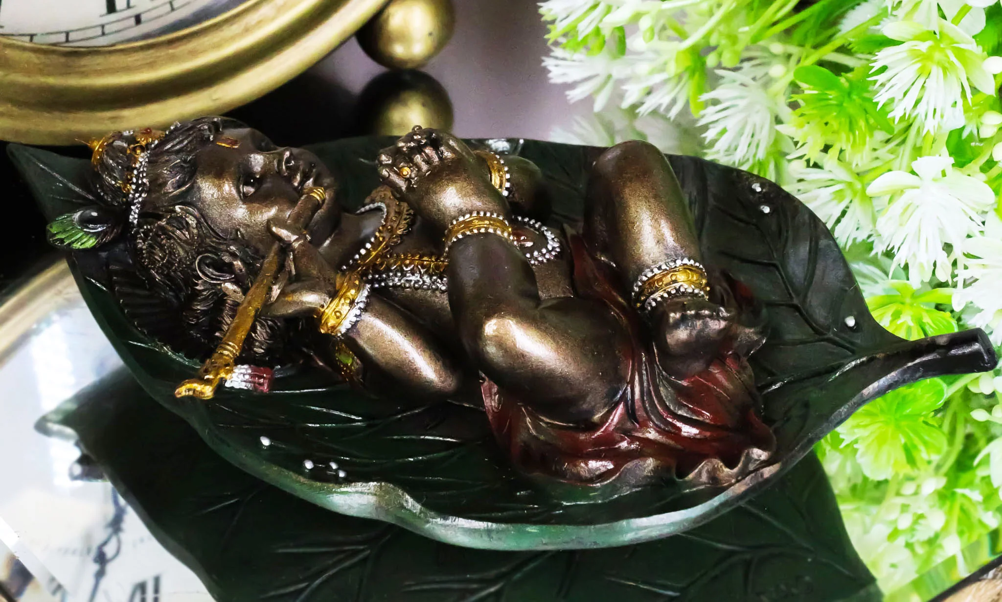 Ebros Lord Krishna as Baby Laying On Peepal Banyan Leaf Hindu Figurine 6"H Statue - Image 6