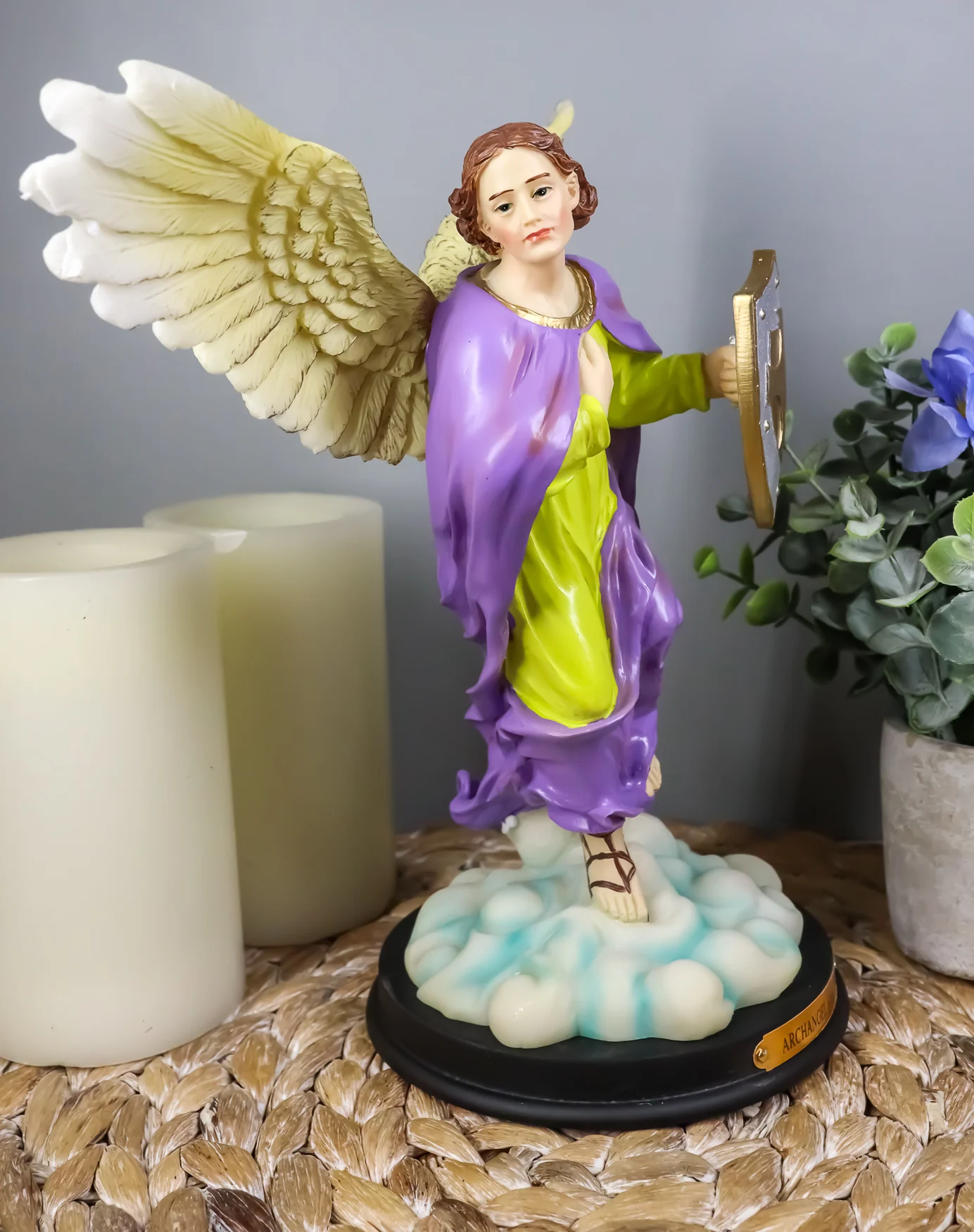 Ebros Holy Archangel Saint Saeltiel Carrying Shield of Faith Statue with Brass Name Plate 10" Tall Angel Selaphiel Patron of Worship Intercession and Prayer of God Altar Collectible Figurine - Image 2