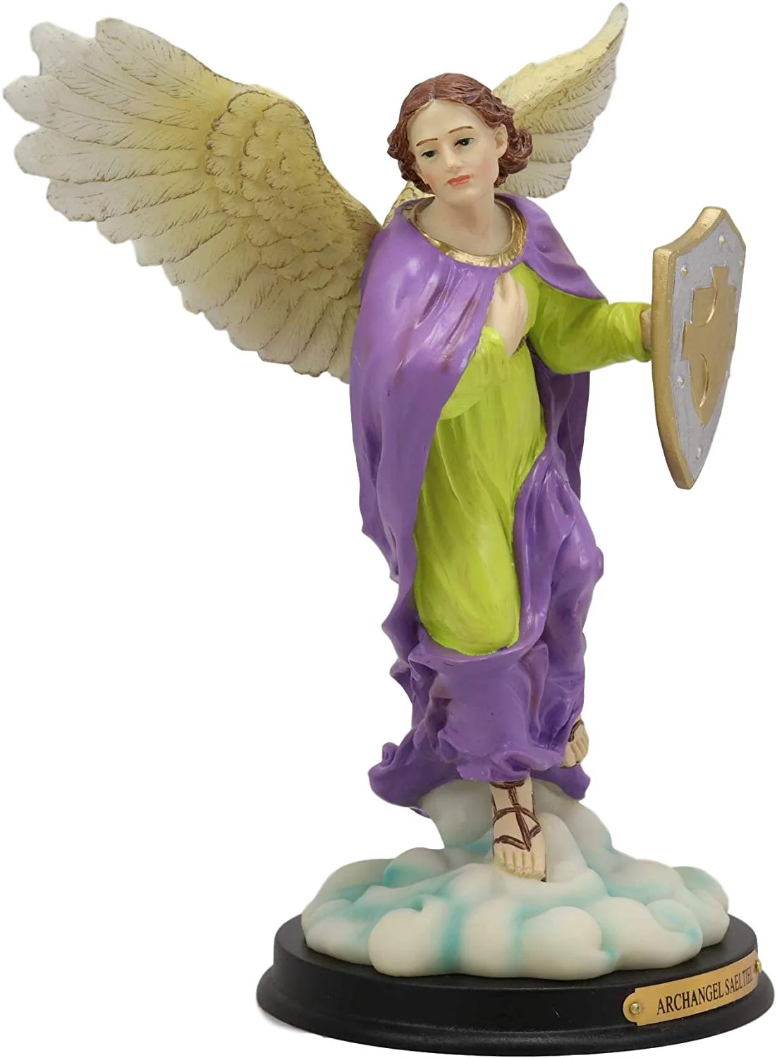 Ebros Holy Archangel Saint Saeltiel Carrying Shield of Faith Statue with Brass Name Plate 10" Tall Angel Selaphiel Patron of Worship Intercession and Prayer of God Altar Collectible Figurine - Image 3
