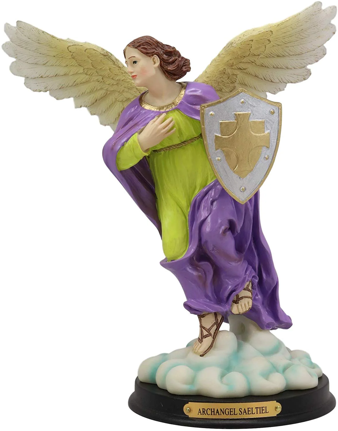 Ebros Holy Archangel Saint Saeltiel Carrying Shield of Faith Statue with Brass Name Plate 10" Tall Angel Selaphiel Patron of Worship Intercession and Prayer of God Altar Collectible Figurine - Image 5