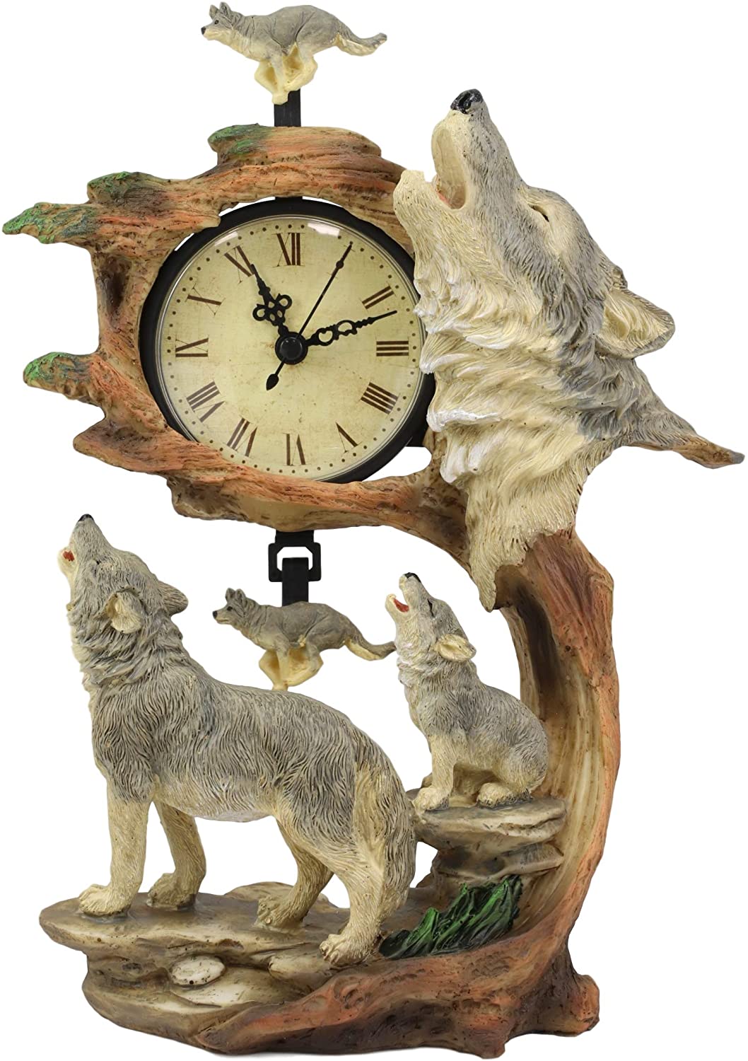 Ebros Howling Gray Wolves Family Table Clock with Pendulum 10.5" Height Decor - Image 3