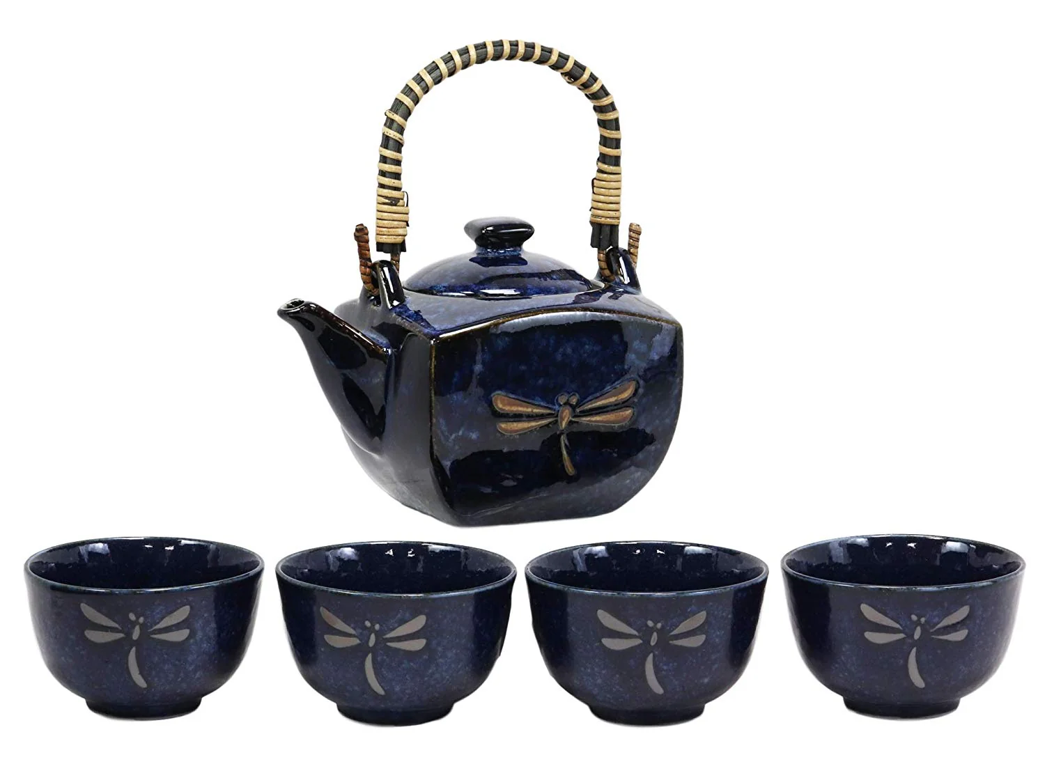 Ebros Japan Made Tombo Dragonfly Midnight Blue 20oz Porcelain Tea Pot & Cups Set - Image 6