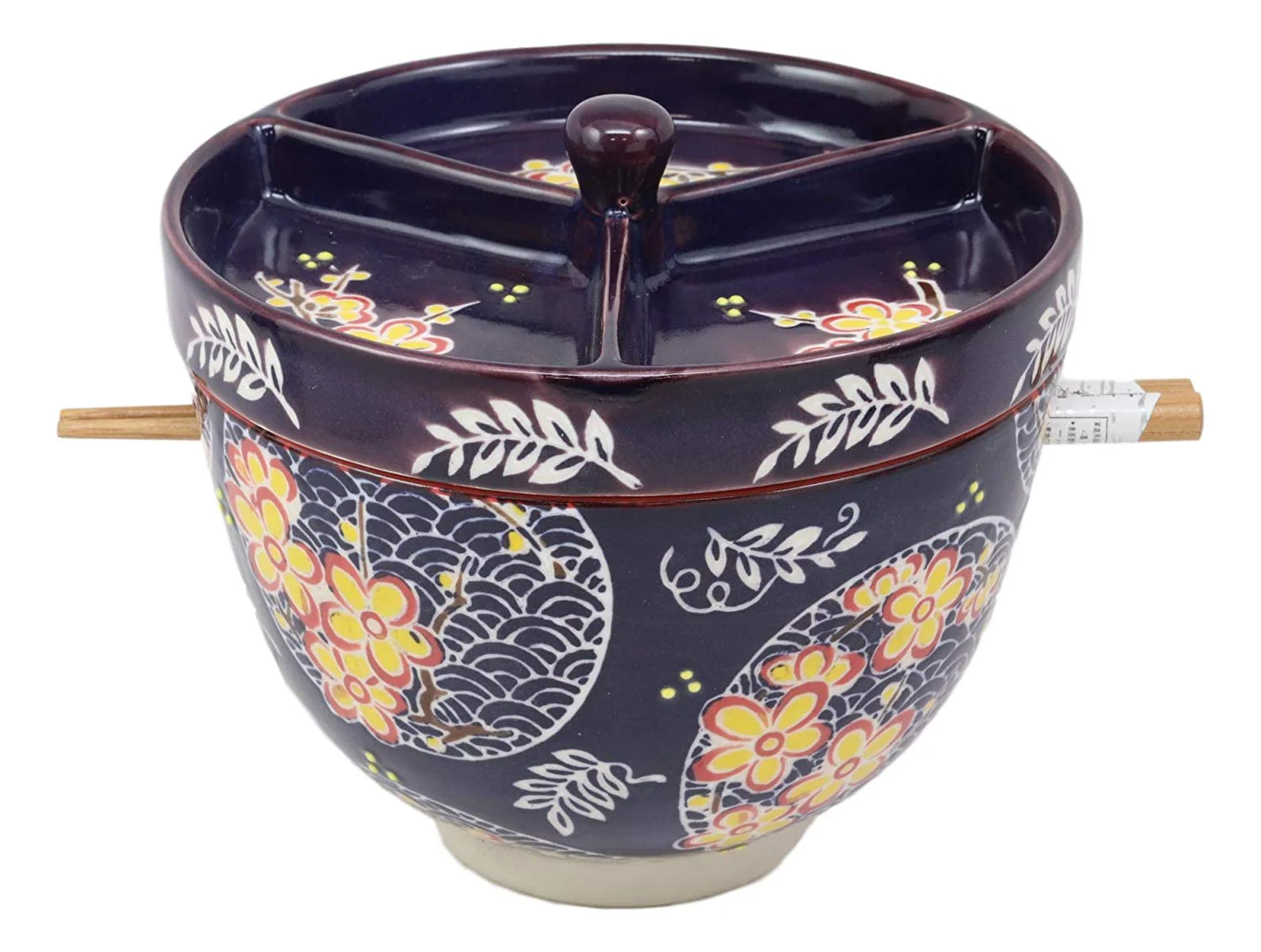 Ebros Japanese Dining Tempura Udon Noodles And Tentsuyu Dipping Sauce Large 6"D Bowl With Condiment Divider Lid And Built In Chopsticks Rest With Bamboo Chopsticks Set (Blue Spring Blossoms) - Image 3