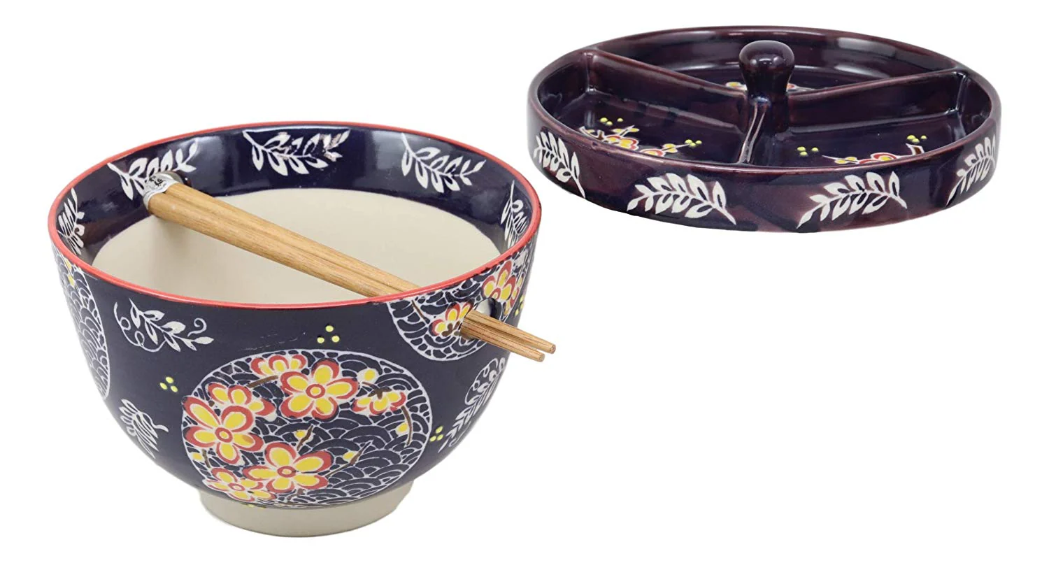 Ebros Japanese Dining Tempura Udon Noodles And Tentsuyu Dipping Sauce Large 6"D Bowl With Condiment Divider Lid And Built In Chopsticks Rest With Bamboo Chopsticks Set (Blue Spring Blossoms) - Image 5