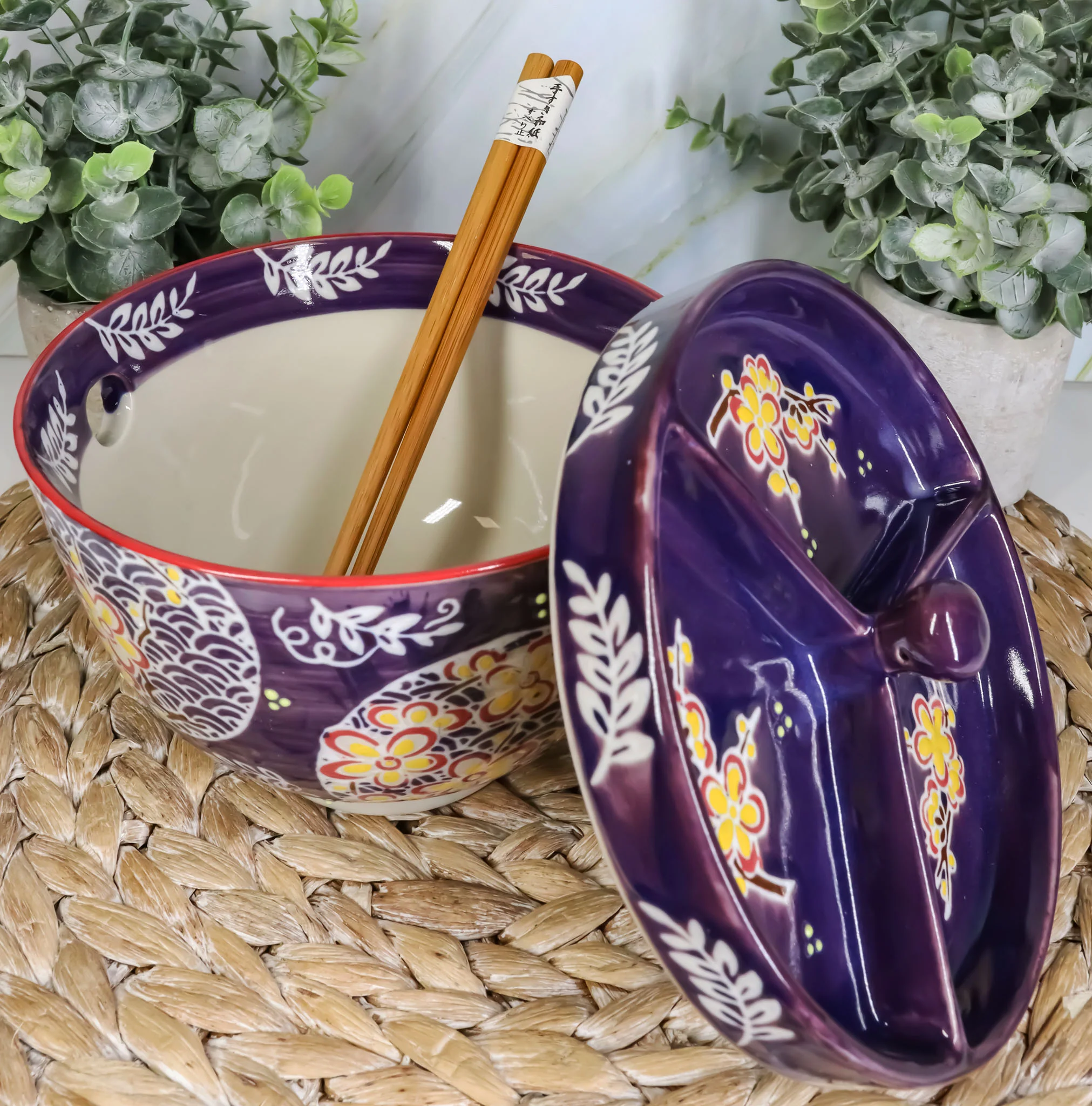 Ebros Japanese Dining Tempura Udon Noodles And Tentsuyu Dipping Sauce Large 6"D Bowl With Condiment Divider Lid And Built In Chopsticks Rest With Bamboo Chopsticks Set (Blue Spring Blossoms) - Image 8