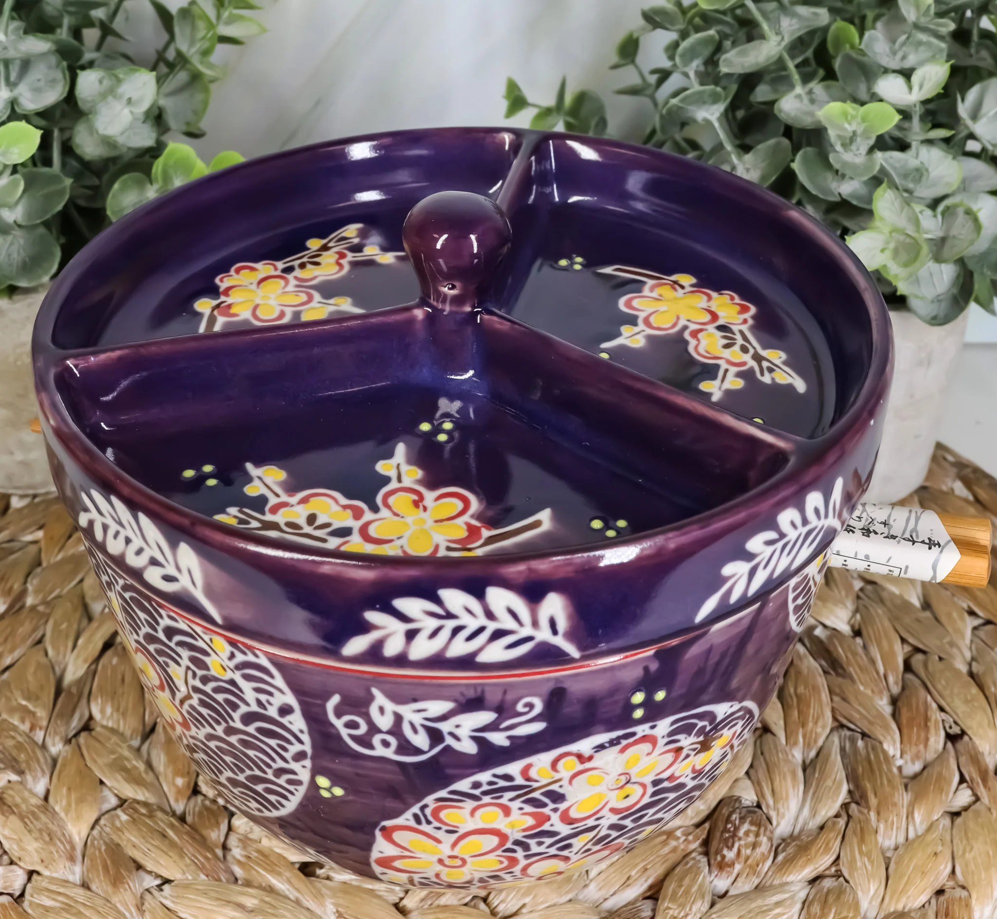 Ebros Japanese Dining Tempura Udon Noodles And Tentsuyu Dipping Sauce Large 6"D Bowl With Condiment Divider Lid And Built In Chopsticks Rest With Bamboo Chopsticks Set (Blue Spring Blossoms) - Image 9