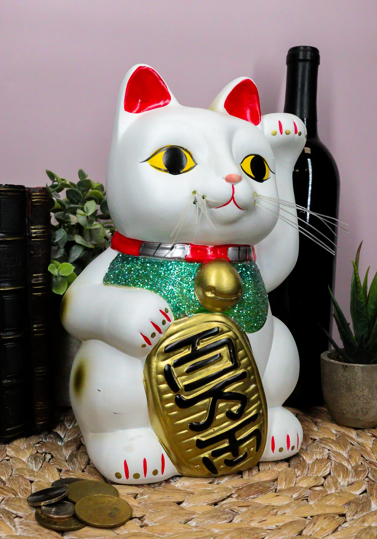 Ebros Japanese Luck and Fortune White Cat Maneki Neko Coin Bank Ceramic 9.5"H - Image 5