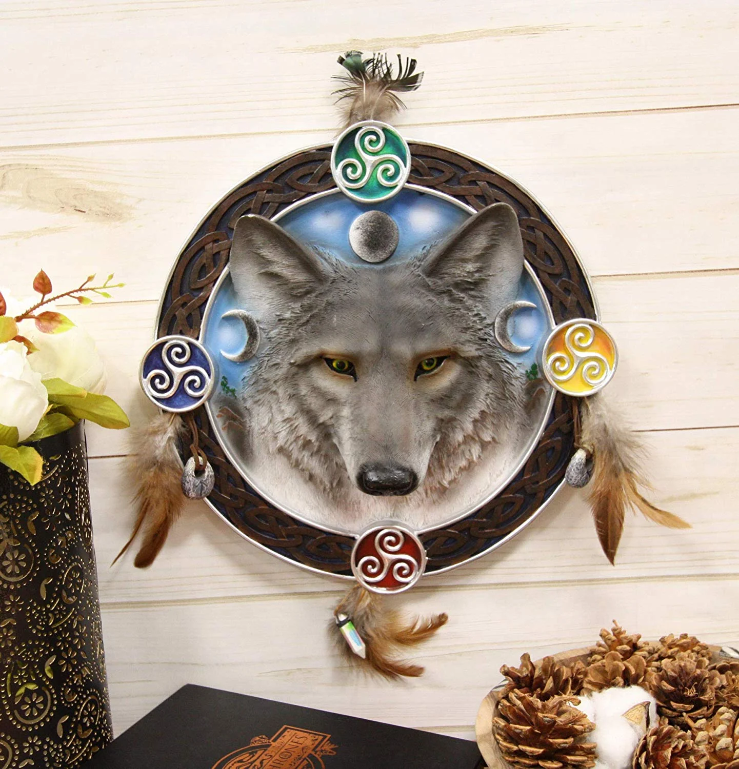 Ebros Large 12" Diameter Triple Goddess Triskele Trinity Celtic Alpha Wolf Round Dreamcatcher with Feathers Wall Hanging Decor Accent Dream Catcher Decoration Hanger for Home and Office Talisman - Image 3