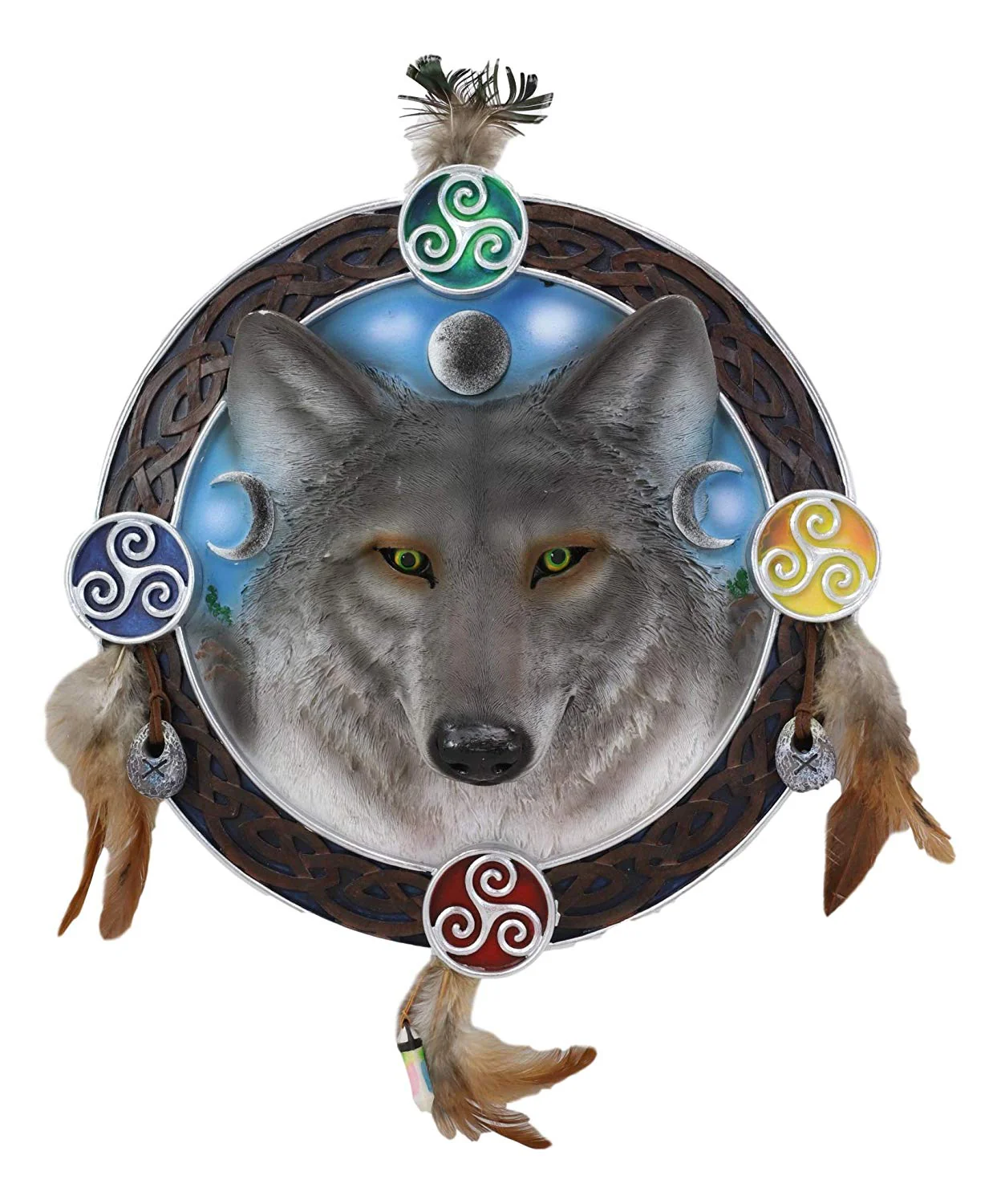 Ebros Large 12" Diameter Triple Goddess Triskele Trinity Celtic Alpha Wolf Round Dreamcatcher with Feathers Wall Hanging Decor Accent Dream Catcher Decoration Hanger for Home and Office Talisman - Image 4