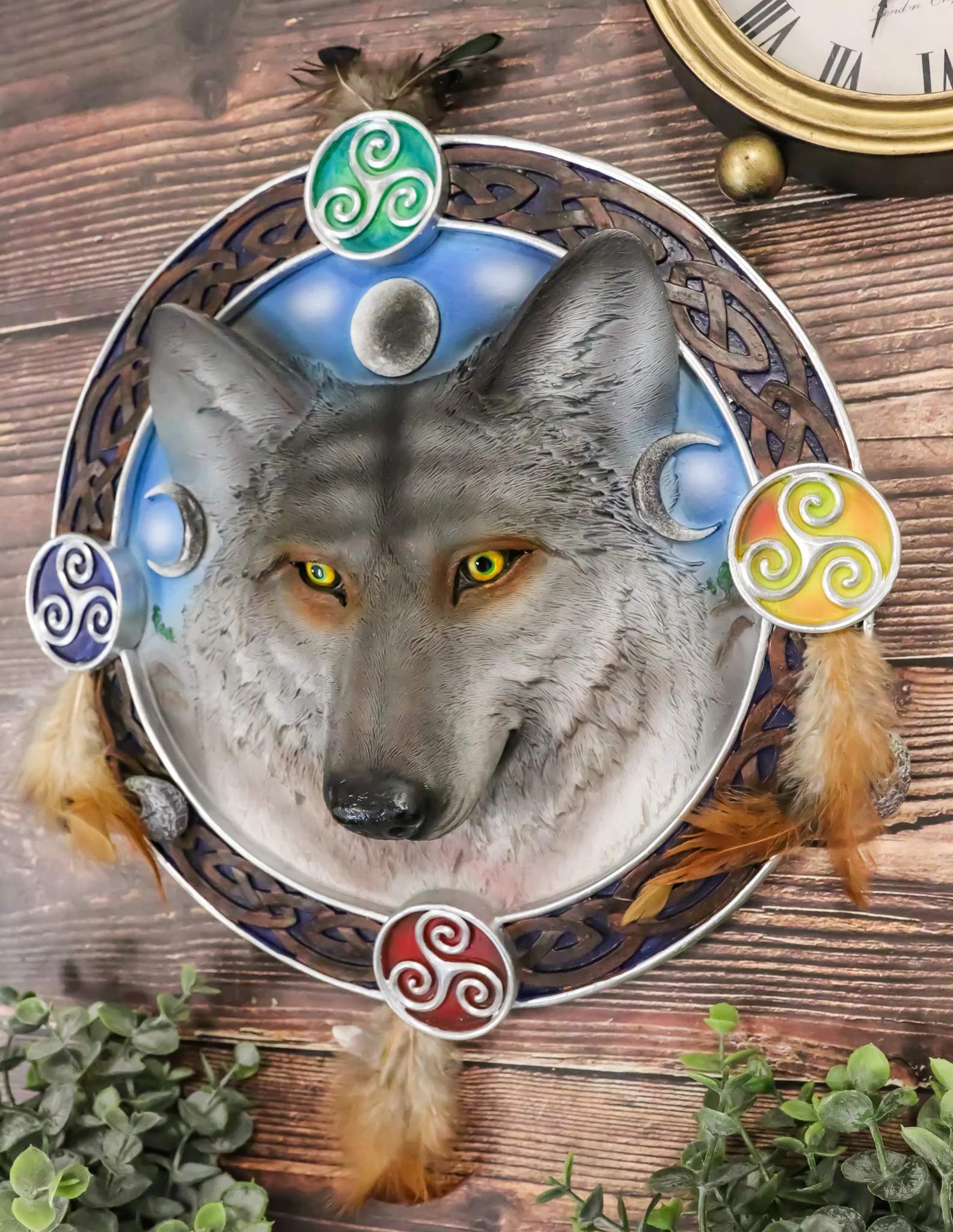 Ebros Large 12" Diameter Triple Goddess Triskele Trinity Celtic Alpha Wolf Round Dreamcatcher with Feathers Wall Hanging Decor Accent Dream Catcher Decoration Hanger for Home and Office Talisman - Image 7