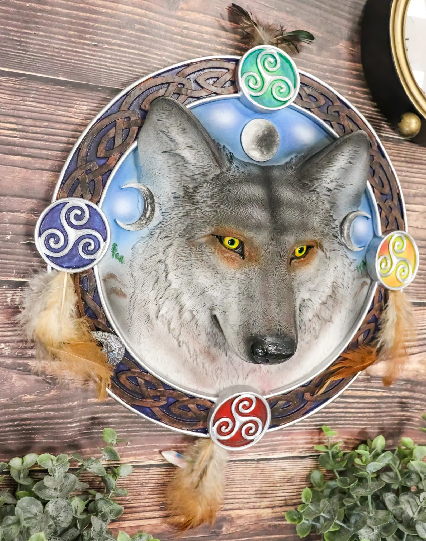 Ebros Large 12" Diameter Triple Goddess Triskele Trinity Celtic Alpha Wolf Round Dreamcatcher with Feathers Wall Hanging Decor Accent Dream Catcher Decoration Hanger for Home and Office Talisman - Image 8