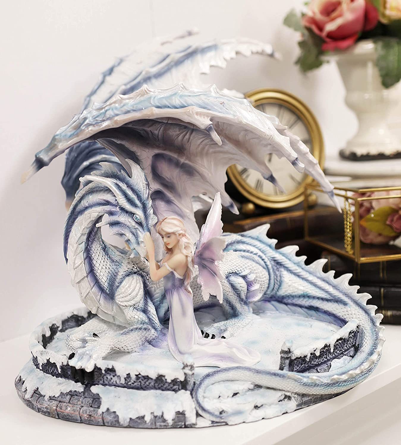 Ebros Large 15" Long Winter Blizzard Fairy with Giant White Dragon Statue