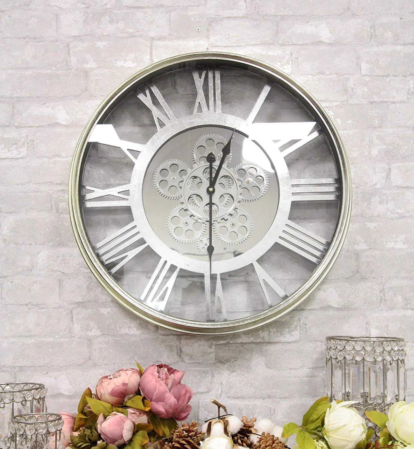 Ebros Large 21.25" W Contemporary Modern Transitional Design Steampunk Wall Clock with Complex Mechanical Moving Gears Mirror Face Roman Numerals Accent Clockwork Gearwork Decor - Image 2